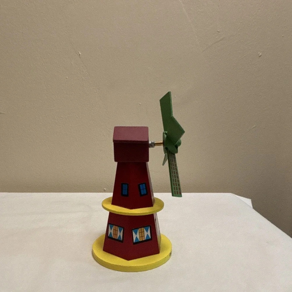 Painted Wood Holland Windmill Figurine 5 in Red Green Yellow Blue